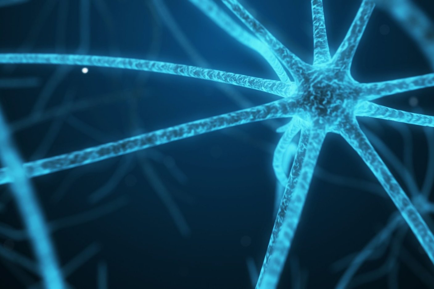 Vue au microscope d'un neurone et de ses prolongements, en bleu sur fond sombre.