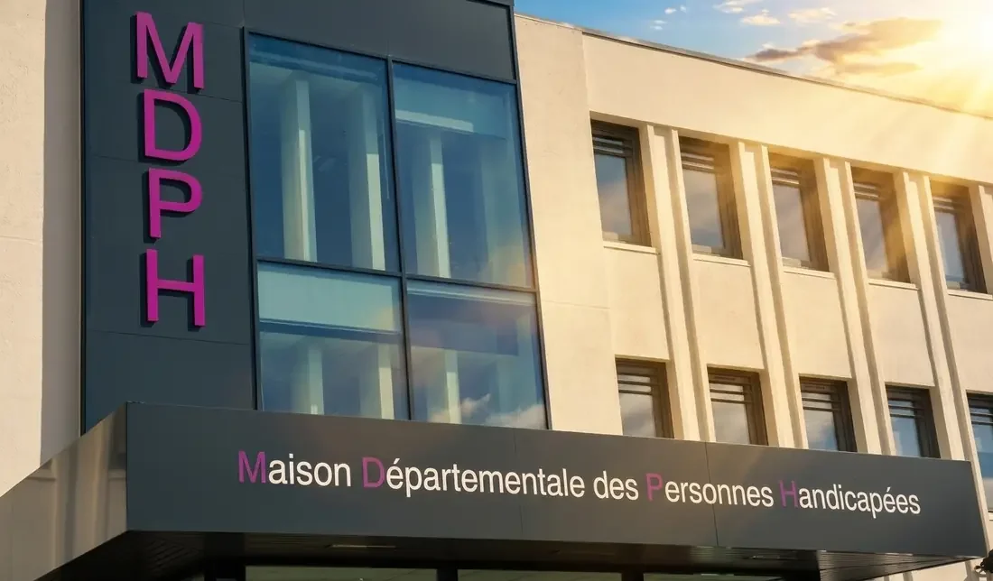 Façade d'une maison départementale des personnes handicapées, avec l'enseigne MDPH.