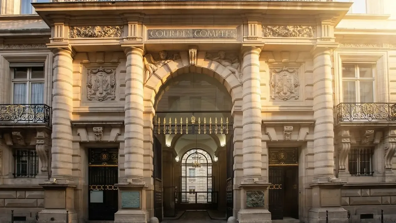 Façade de la Cour des comptes à Paris, porche surmonté de l'inscription Cour des comptes.